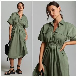 Anthro Maeve Utility Elastic Waist Green Midi Dress, L